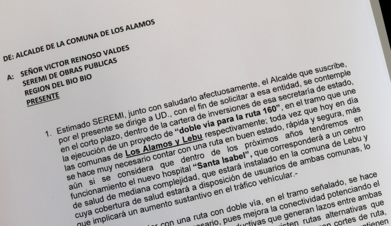 ALCALDE VEGAS PIDE LA CONSTRUCCIÓN DE UNA DOBLE VÍA EN EL TRAMO DE LA RUTA 160 QUE UNEA LOS ÁLAMOS CON LEBU