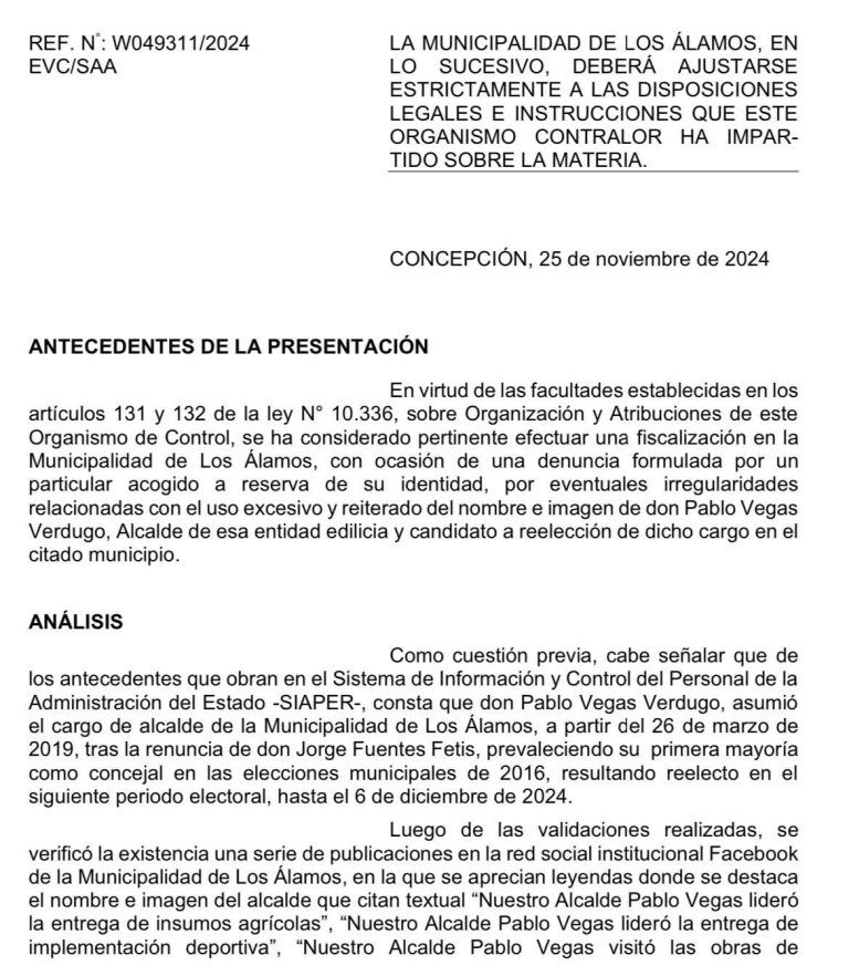 Contraloría General solicita ajustarse a normativa en uso de imagen del Alcalde de Los Álamos.